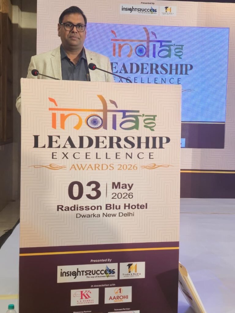 Astrologer Rohitash Bansal speaking on stage at India Leadership Excellence Awards 2026 in New Delhi